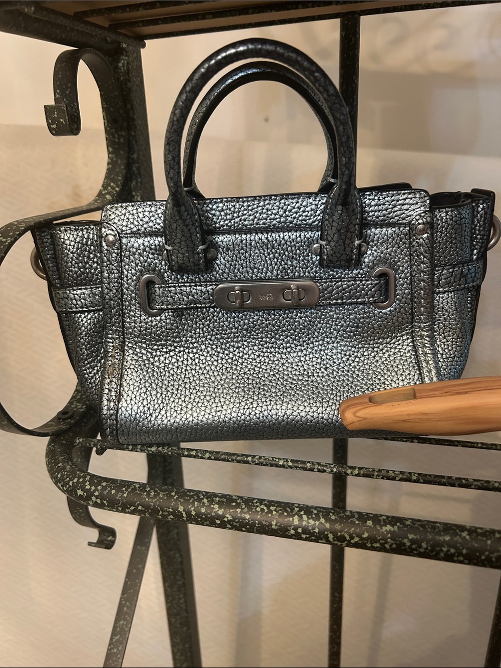 Coach Metallic Silver Pebbled Leather Satchel